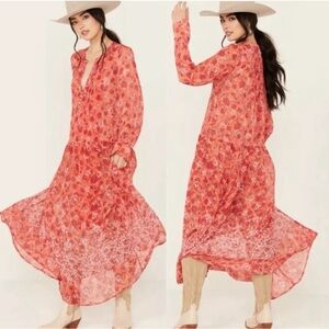 Free People see it through red floral long sleeve dress with slip dress